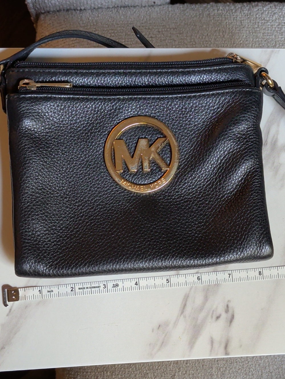 Michael Kors Black Leather Crossbody with Gold MK Logo